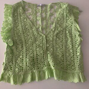 ZARA Green Top with Ruffled Sleeves